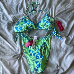 Xhilaration Bikini Green Blue Peach Leopard! High leg scoop waist! Size L NWT!!!
